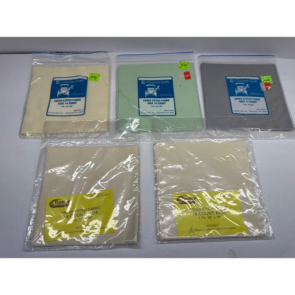 Charles Craft & Raymar Aida Cross Stitch Fabric Lot 14 & 18 Count 12x18 5 Pcs